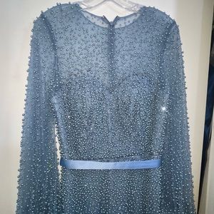 Embellished Long Sleeve Evening Dress in Steel Blue
